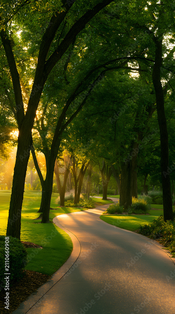 Fototapeta premium Serene park pathway surrounded by lush green trees at sunrise