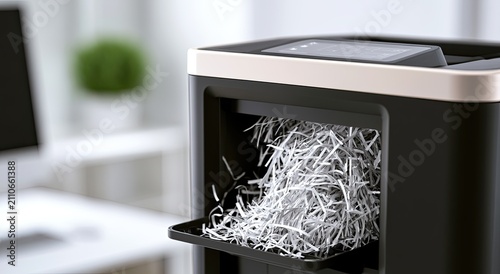 Close-up of a modern office paper shredder filled with shredded documents.