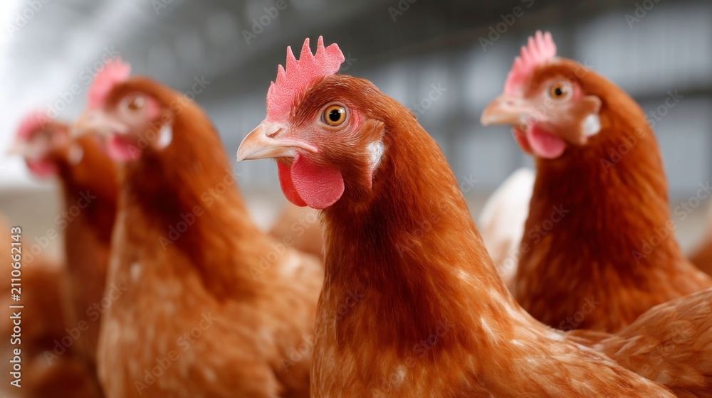 Obraz premium Close-up of a group of chickens displaying their vibrant feathers and natural habitat. These farm animals symbolize sustainability and nature. Perfect for agricultural themes. AI