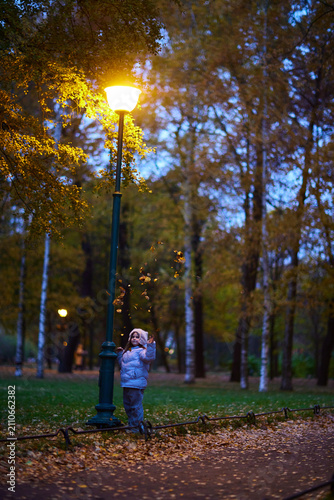 Child plays with leaves under a streetlight in a park during the evening in autumn