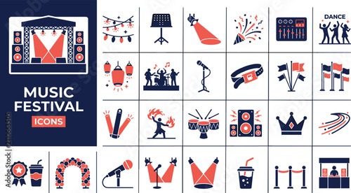 Music festival concert event icon set featuring stage equipment live bands spotlights sound speakers instruments and party elements
