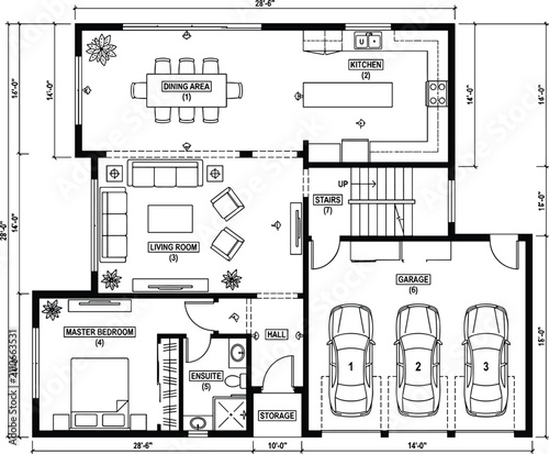 Modern architectural blueprint plan of residential house layout layout including master bedroom living area kitchen and three car garage