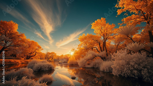 Golden Hour Autumn Landscape with Bright Sunset Sky and Reflective Water