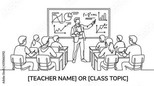 Professional Teacher Explaining Lesson in Classroom Background with Educational Elements