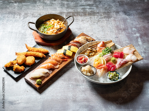 Various sushi and Japanese dishes