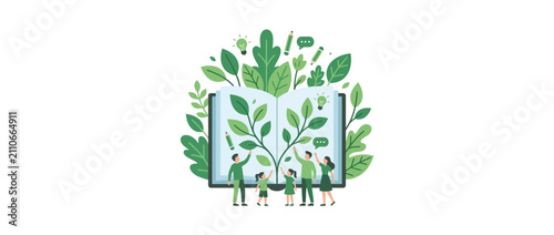 Cuadro en lienzo Family Learning About Nature from an Open Book