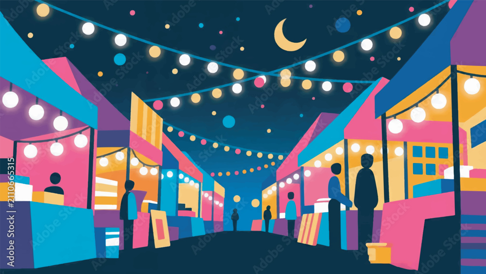Obraz premium Illustration Of A Night Market Full Of Bright Lights And Decorations Vector Design Template
