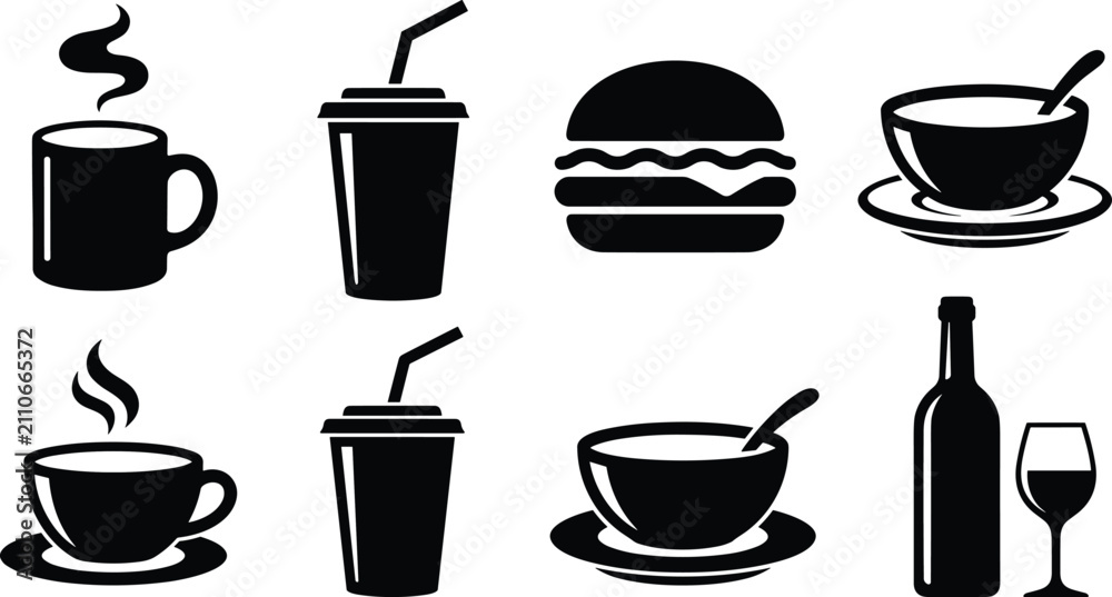 Obraz premium Fast Food Restaurant Cafe Menu Silhouette Icon Set with Coffee Mug, Hamburger, Soda Cup, Soup Bowl, and Wine Bottle Vectors