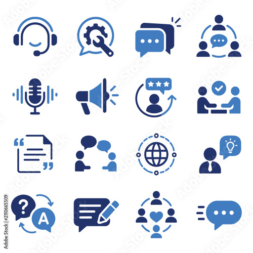 Premium Collection of 16 Original Communication, Customer Support, Social Media, Collaboration and Messaging Flat Vector Icons in 4x4 Grid, Modern UI SVG Icon Set