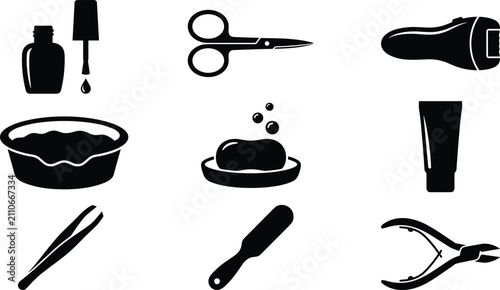Canvastavla Manicure and Pedicure Nail Care Silhouette Icon Set with Scissors, Polish Bottle