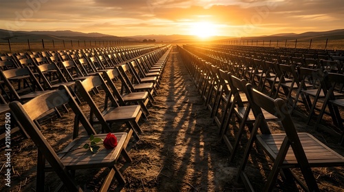 Rows of empty chairs at sunset with a single red rose on a seat symbolizing loss and remembrance
