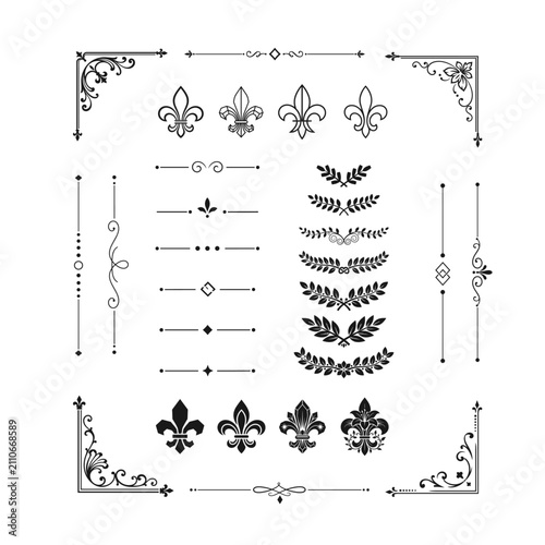 Decorative calligraphic page frame elements set including heraldic lily emblems and line dividers