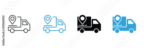 Foto Delivery truck with location pin icon set for shipping and logistics