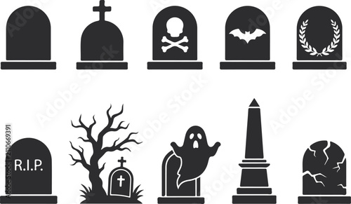 Gravestone and tombstone silhouettes set isolated on white background