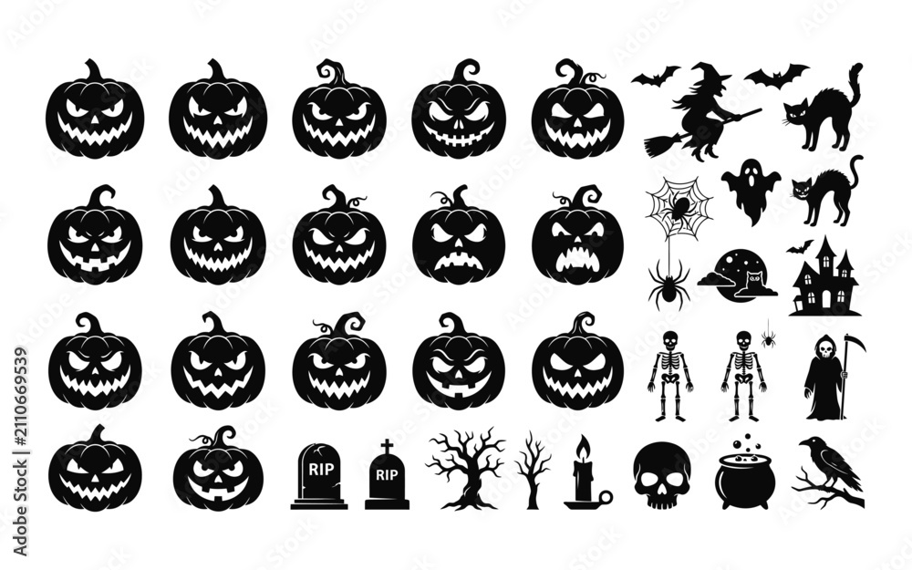 Fototapeta premium Halloween collection with pumpkins bats and spooky elements in black silhouette