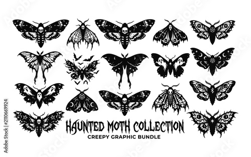 Haunted moth collection with skull and occult symbols black silhouette