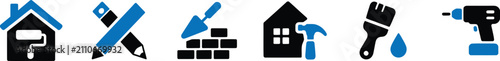 Home renovation construction tool icon set. paint roller, house, pencils, brick wall, trowel, hammer, paint brush, power drill