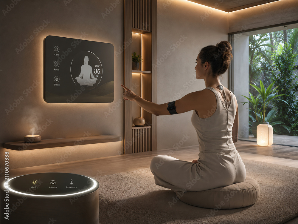 Woman practicing meditation with smart home technology and biofeedback monitoring in a modern wellness room