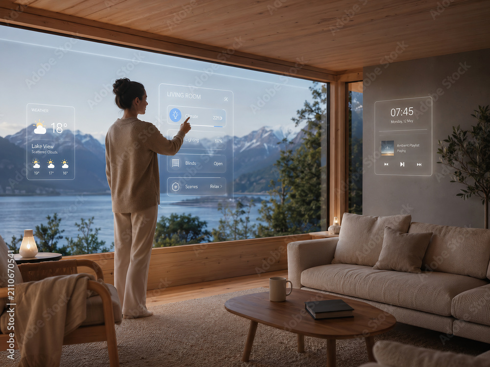 Woman using smart home interface in modern living room with mountain lake view