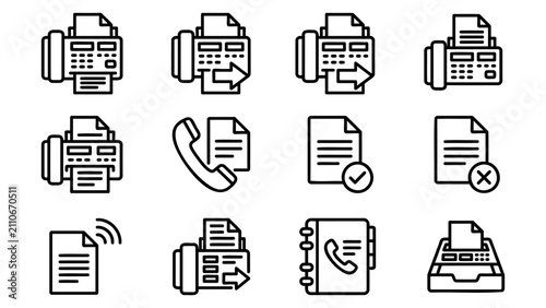 Printer and document line icon set outline vector