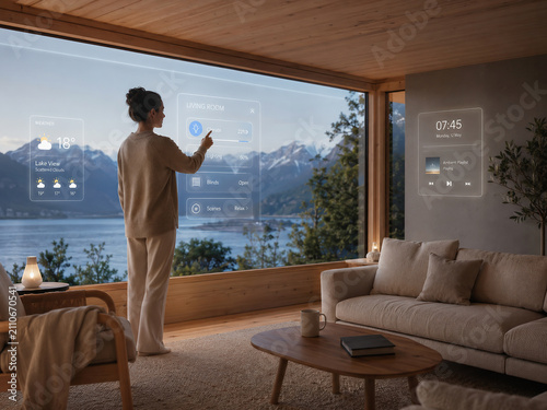 Woman using smart home interface in modern living room with mountain lake view