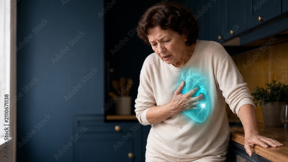 Fototapeta premium Senior woman experiencing sudden chest pain and heart attack. Suffering patient clutching her painful heart area. Medical emergency and health crisis concept for cardiology treatment care.