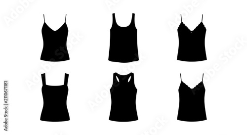 Schilderij op canvas Black Tank Top Silhouettes, Women's Camisole Styles, Fashion Apparel Vector Set