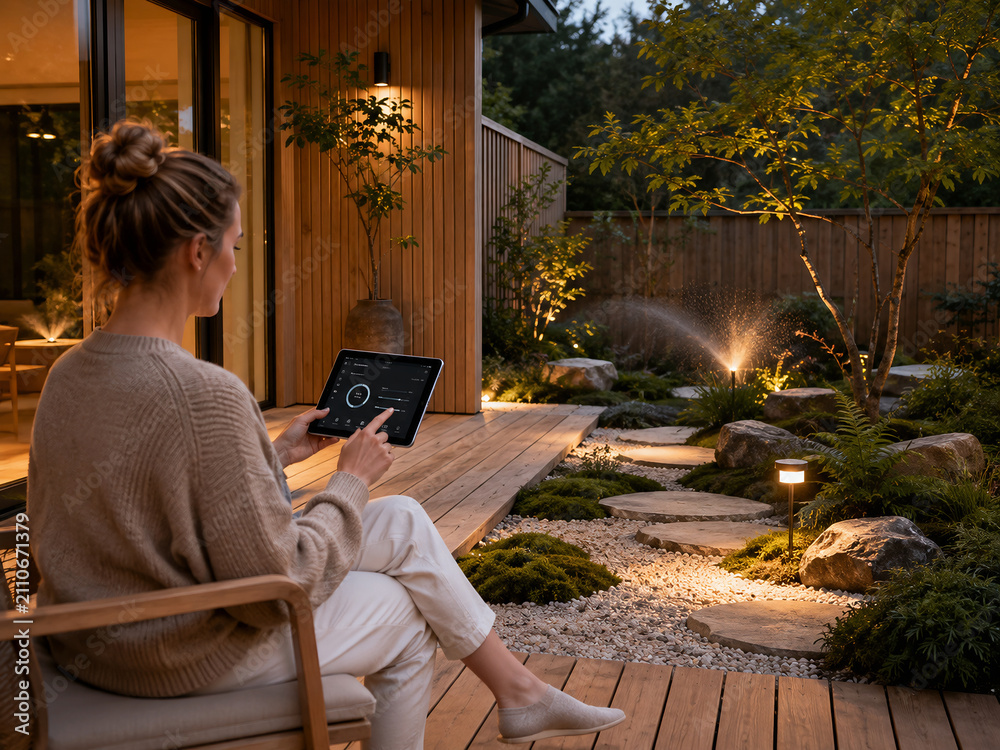 Woman using tablet to control smart home irrigation system in garden at twilight