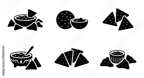Bild auf Leinwand Mexican Food Icons: Nachos, Salsa, Guacamole, Tortilla Chips Vector Set