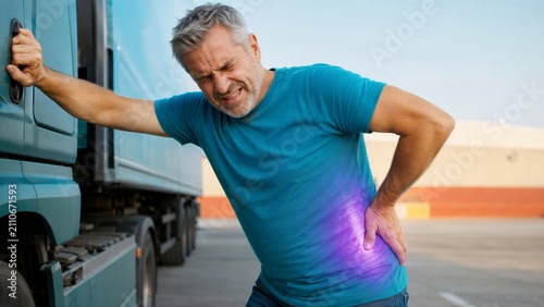 Man truck driver suffering from severe back pain while standing next to freight vehicle. Tired worker experiencing injury or muscle ache. Occupational health and safety concept in logistics.