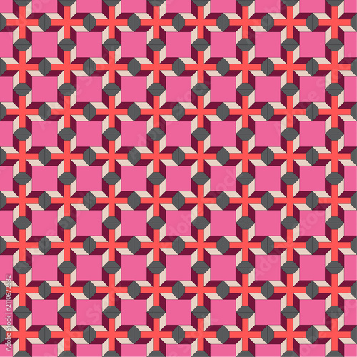 3D Geometric Isometric Cross and Square Tile Pattern in Pink and Red