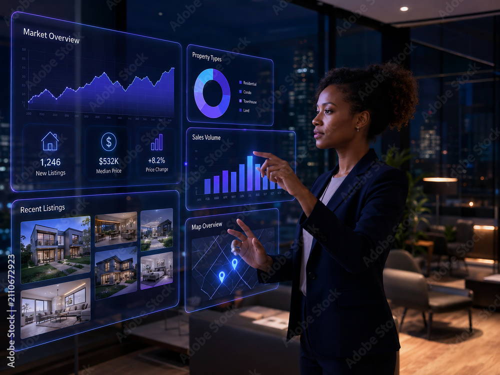 Businesswoman interacting with a digital real estate dashboard in a modern office