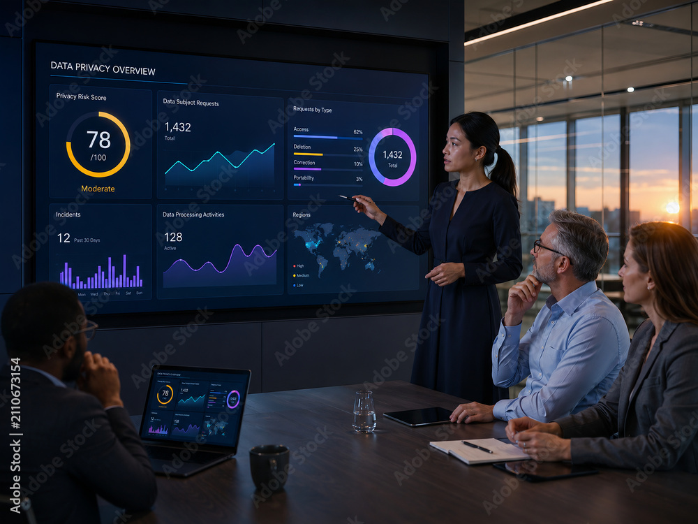 Business team reviewing data privacy and cybersecurity metrics on a digital dashboard