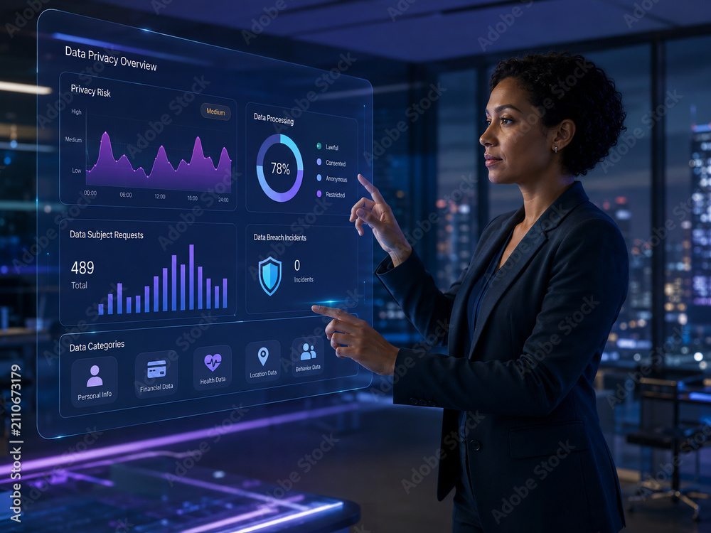 Businesswoman interacting with a digital data privacy and security dashboard in a modern office