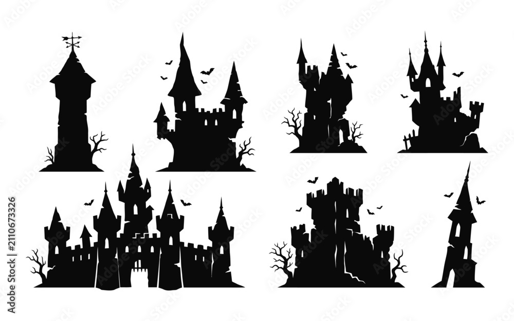 Fototapeta premium Spooky haunted castles and bats silhouette against a white background