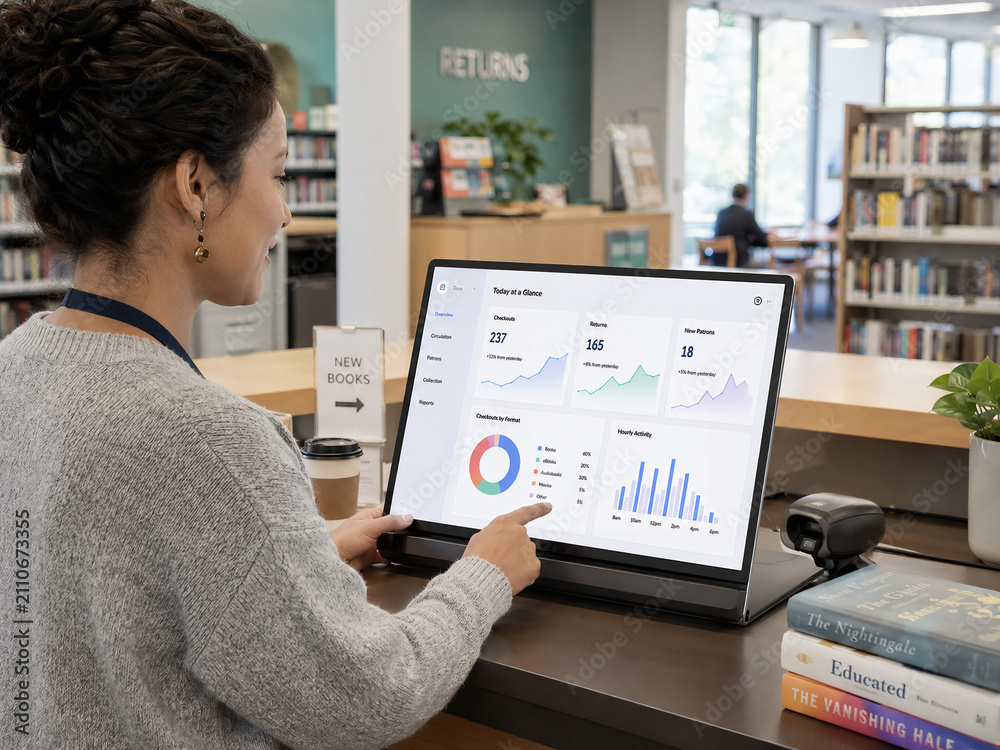 Librarian using a digital touch screen dashboard for library management