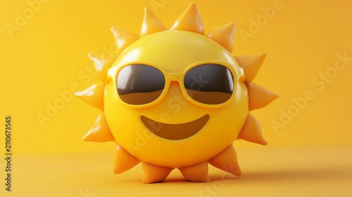 Smiling 3d sun character wearing sunglasses and sending a kiss, expressing happiness and joy on a yellow background, looping animation of a cute summer weather symbol