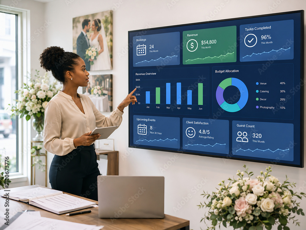 Professional wedding planner presenting business analytics on a digital dashboard