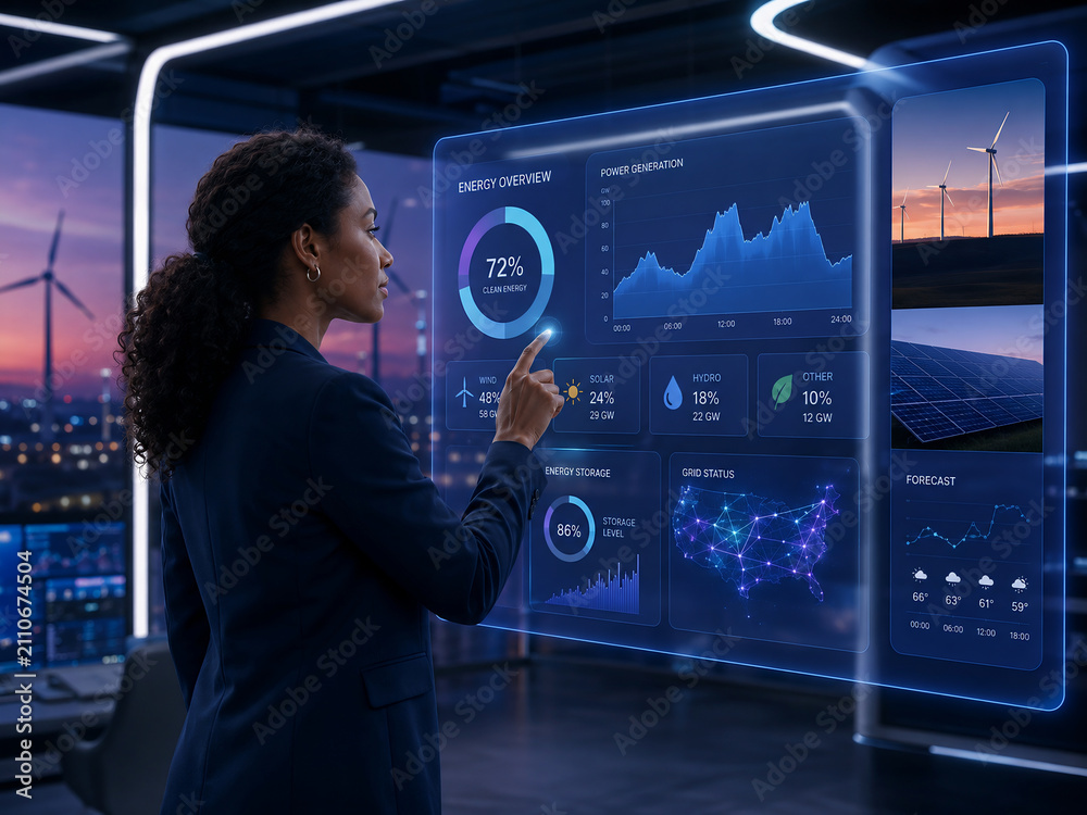 Businesswoman interacting with futuristic renewable energy dashboard