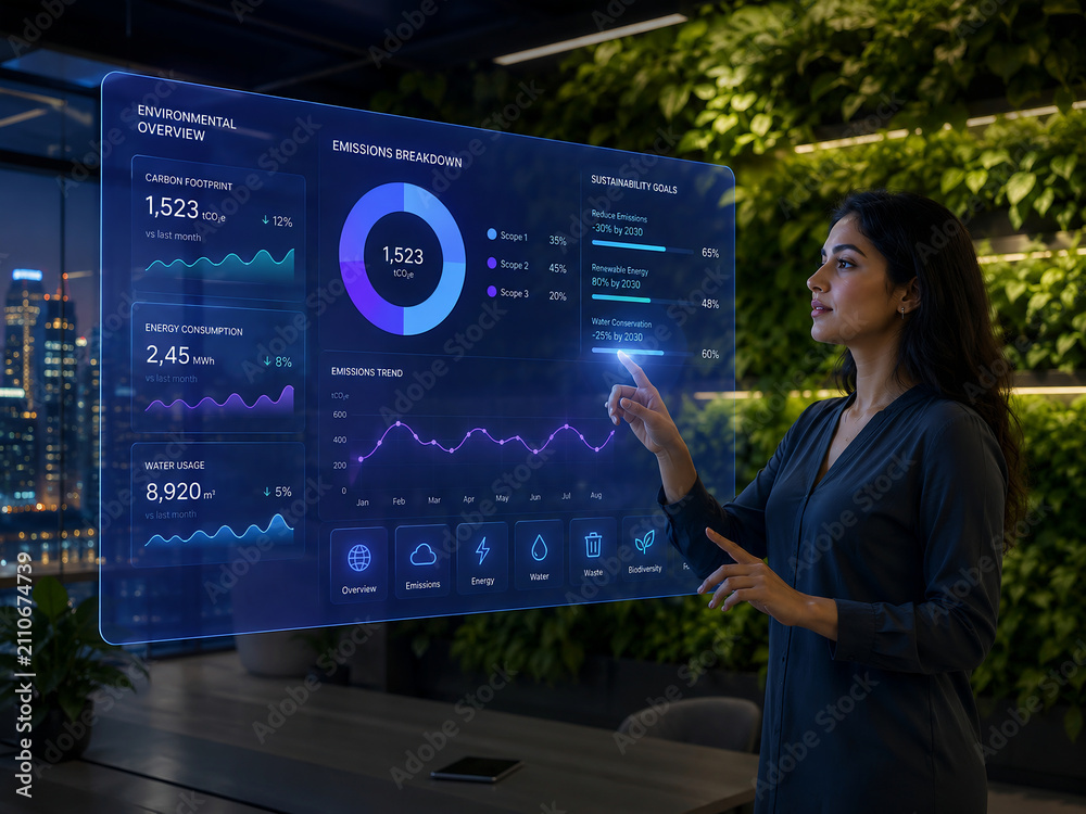Businesswoman interacting with a digital holographic dashboard for environmental sustainability and carbon footprint monitoring