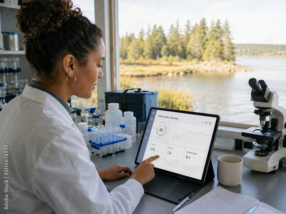 Scientist analyzing water quality data on a tablet in a laboratory