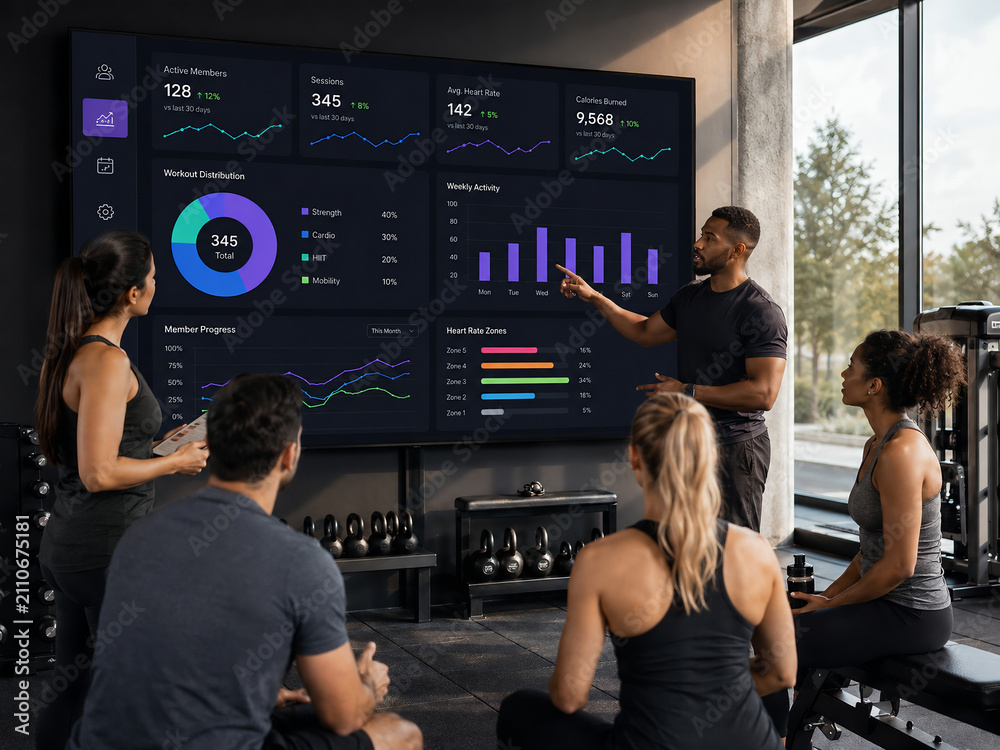 Fitness coach presenting workout data analytics to a group in a modern gym