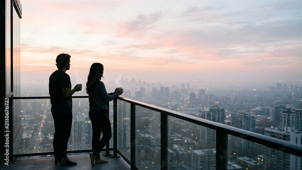 Fototapeta premium Couple standing on a balcony drinking coffee and looking at a city sunset