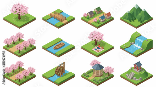 Fotografie Colorful isometric spring park scenes with cherry blossoms and nature