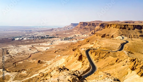 Aerial view of a winding road traversing a desert landscape, offering a panoramic vista of arid hills and a distant body of water