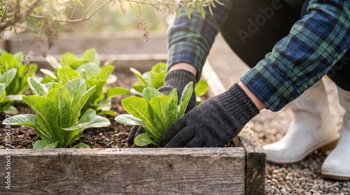 Close-up shot of gloved hands caring for romaine lettuce seedlings in a weathered wooden raised bed, with soft natural light filtering through branches.