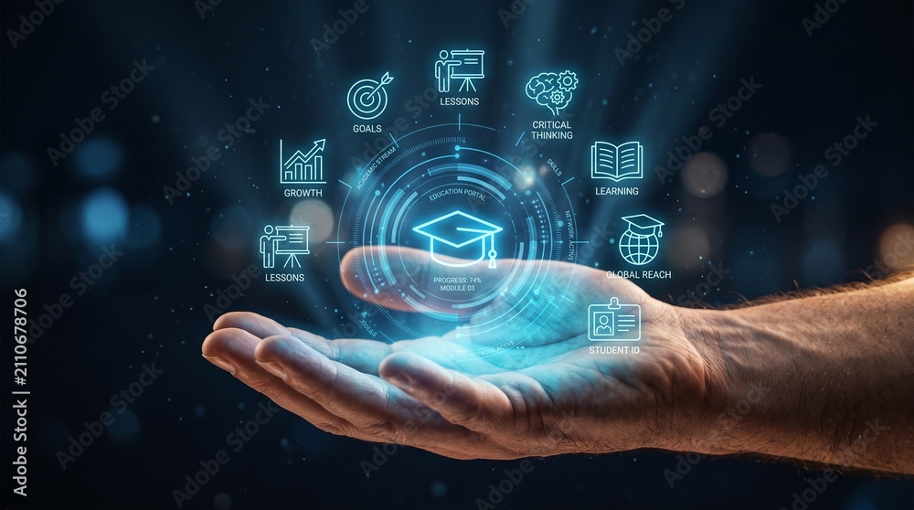 Fototapeta premium Digital Education at Your Fingertips: A glowing holographic display showcasing educational icons floats above an open palm, symbolizing access to knowledge and learning resources.