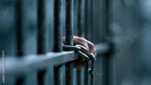 A close-up of a hand grasping prison bars, symbolizing confinement and justice.