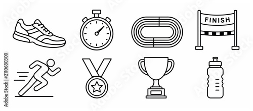 Collection of sports and fitness icons in line art style.