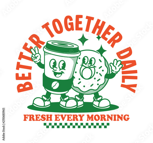 Retro coffee cup and donut mascot vector with vintage typography. Cute breakfast characters for cafe branding, t shirt, hoodie, streetwear, stickers, logos, prints, and merchandise